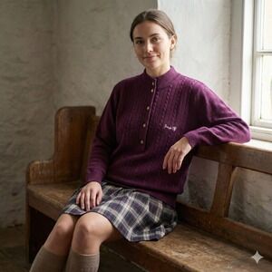 Pringle of Scotland Wool Cable Knit Sweater Womens Medium Purple Burgundy Mock